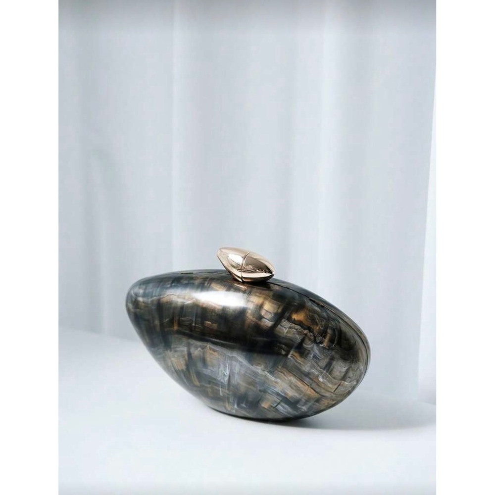 Marbled Resin Pebble Clutch Bag Gold Chain Strap Evening Purse Amber Black - Picture 5 of 8